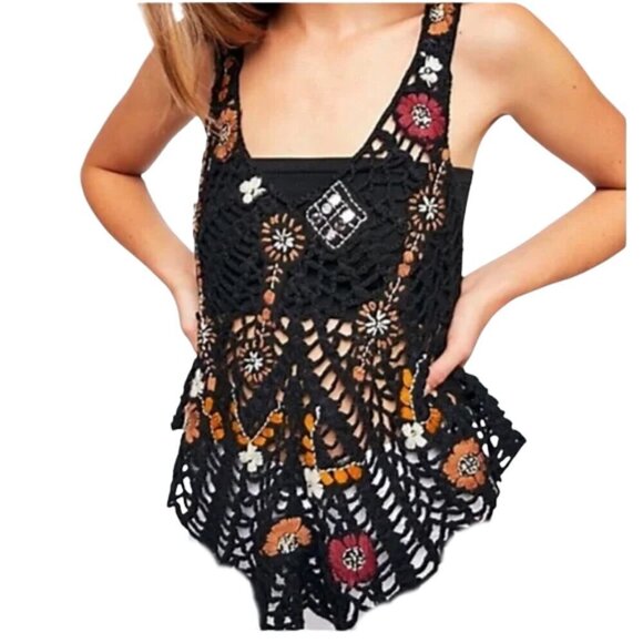 Free People Tops - Free People NWT Black Sheer Embroidered Crochet Back Tie Tank Top Size XS